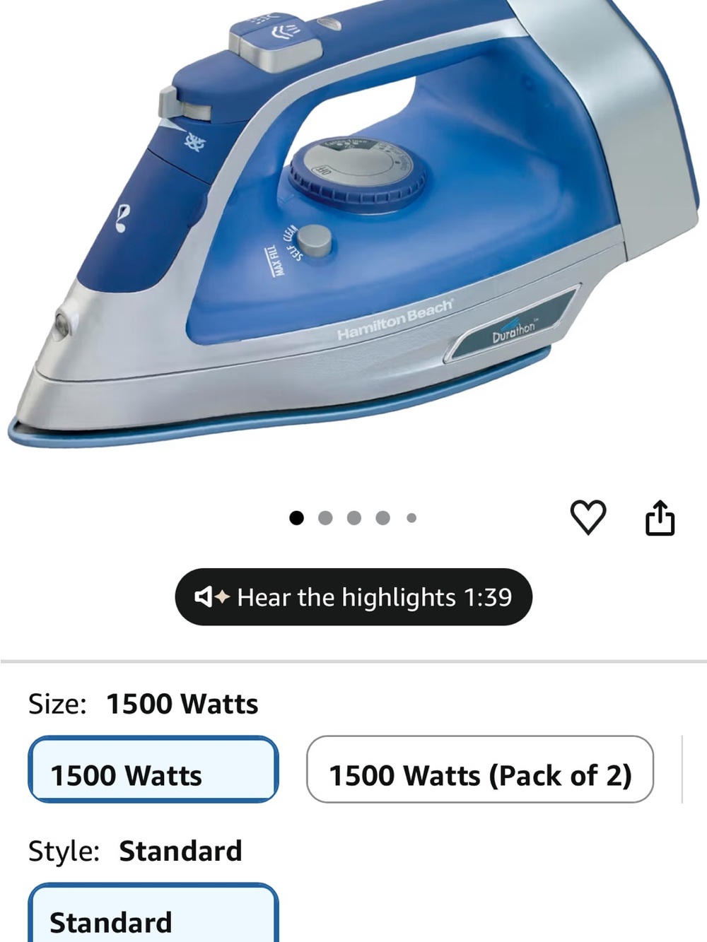 Hamilton Beach Blue and White Steam Iron with Durathon Soleplate